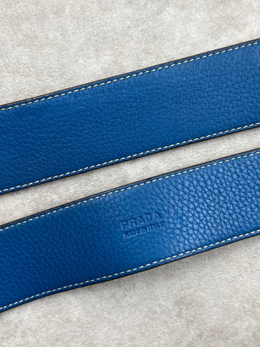 2000s Prada Blue Leather Double Buckle Contrast Stitching Belt MnfIVAIv 7