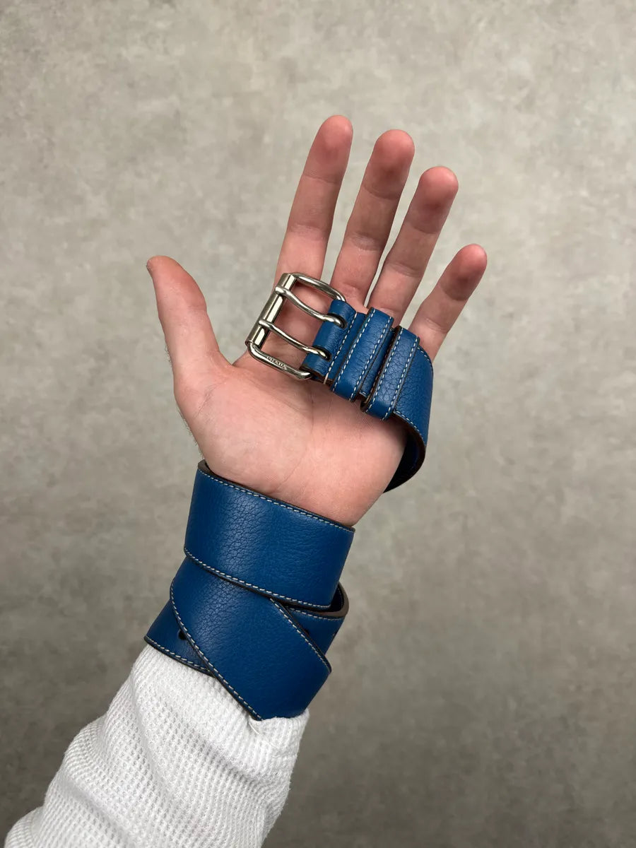 2000s Prada Blue Leather Double Buckle Contrast Stitching Belt MnfIVAIv 1