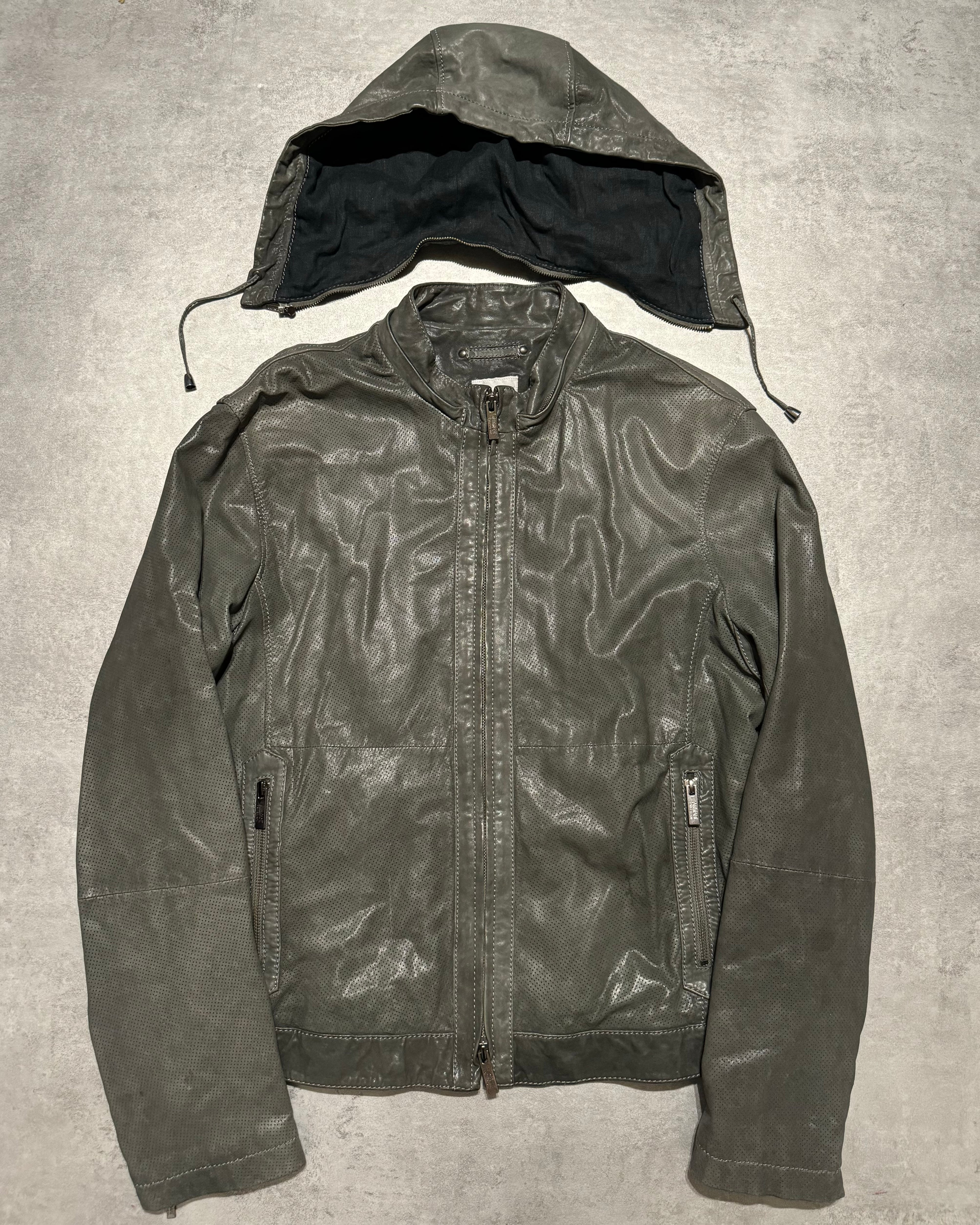 AW1998 Armani Collezioni Hooded Perfored Grey Leather Jacket (L) - 3