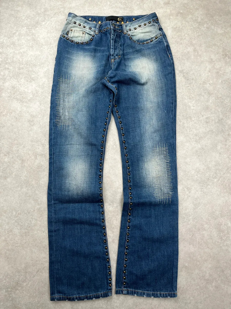 2000s Cavalli Blue Denim Studded Distressed Jeans NHbckmUP 0