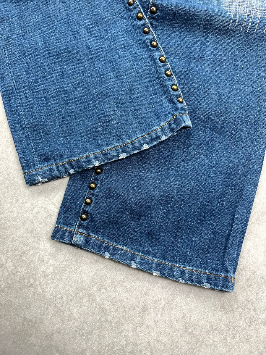 2000s Cavalli Blue Denim Studded Distressed Jeans NHbckmUP 5
