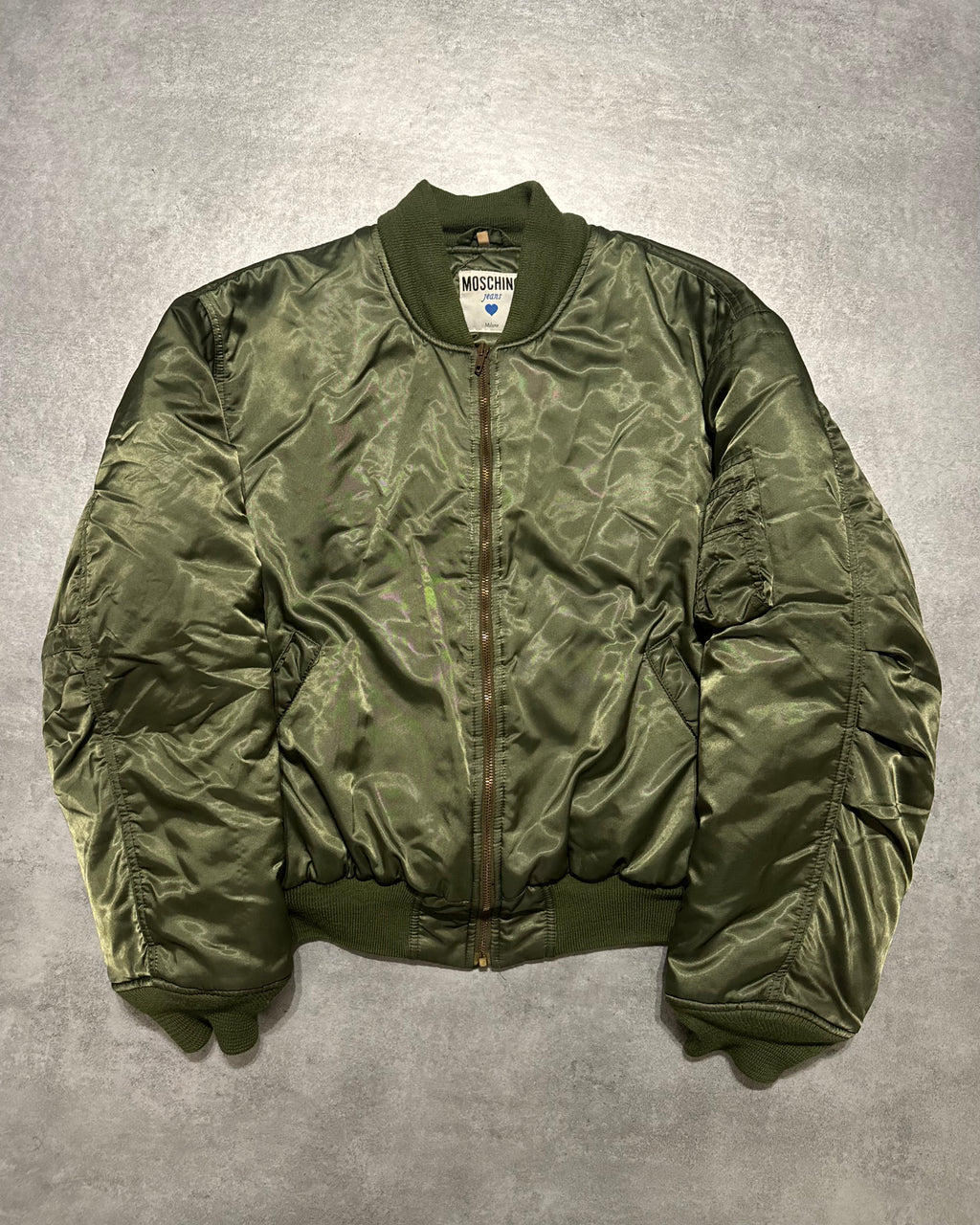 1990s Moschino Olive Nylon Italian Aero Bomber Jacket (M/L) - 1