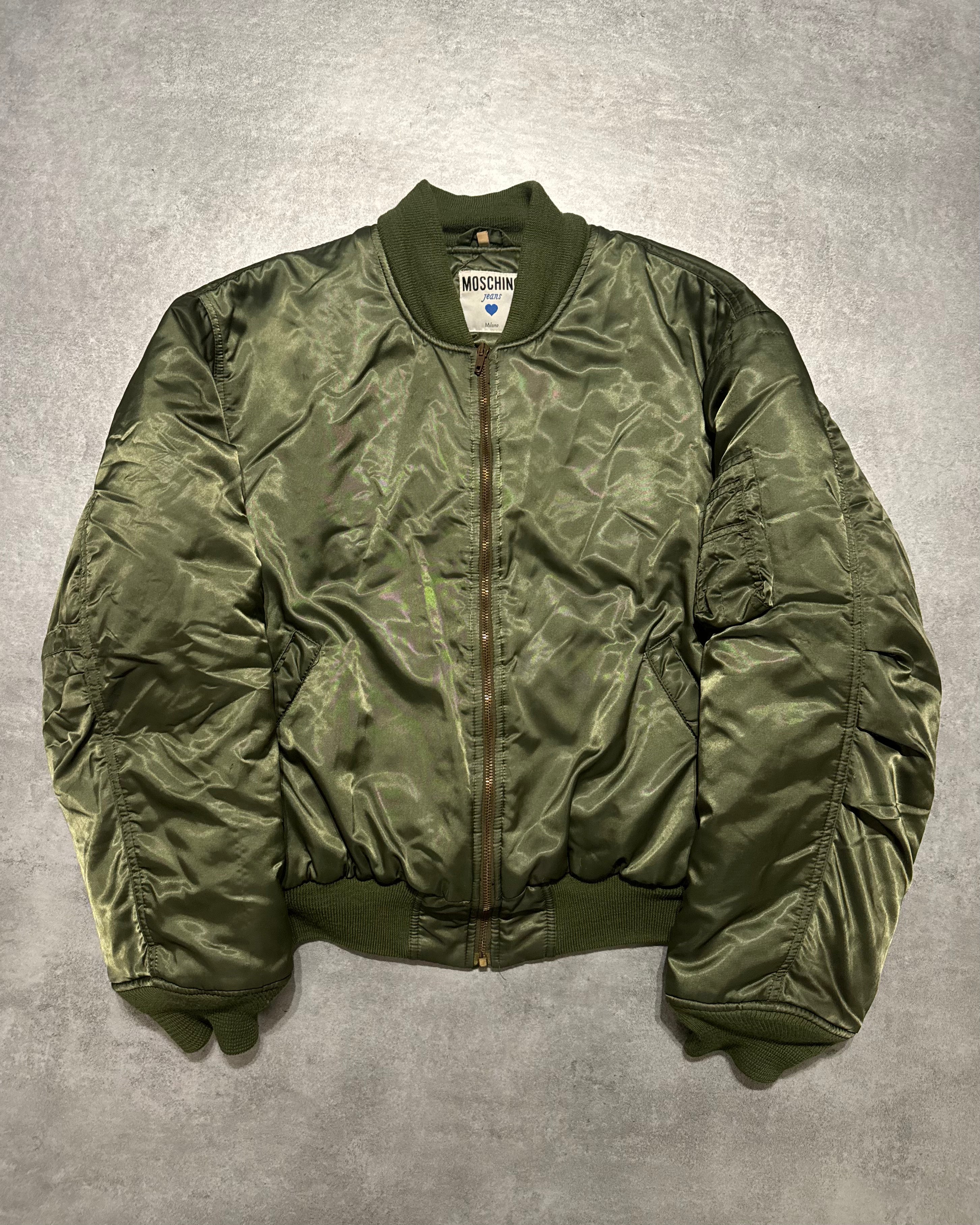 1990s Moschino Olive Nylon Italian Aero Bomber Jacket (M/L) - 1