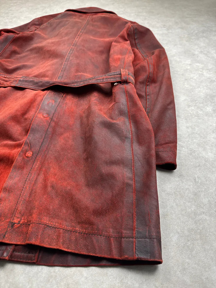 AW2001 Ann Demeulemeester Dark Red Eroded Leather Belted Coat NRYQxBTx 8