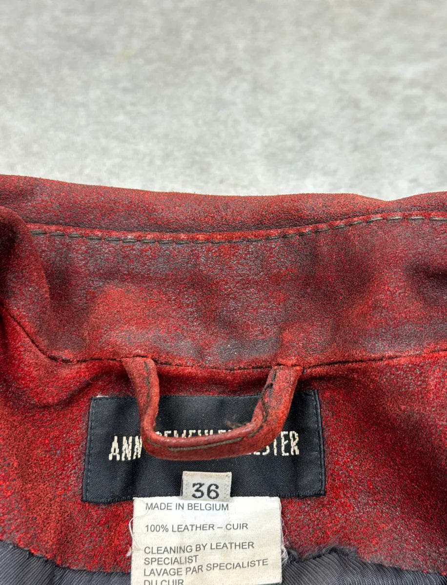 AW2001 Ann Demeulemeester Dark Red Eroded Leather Belted Coat NRYQxBTx 11