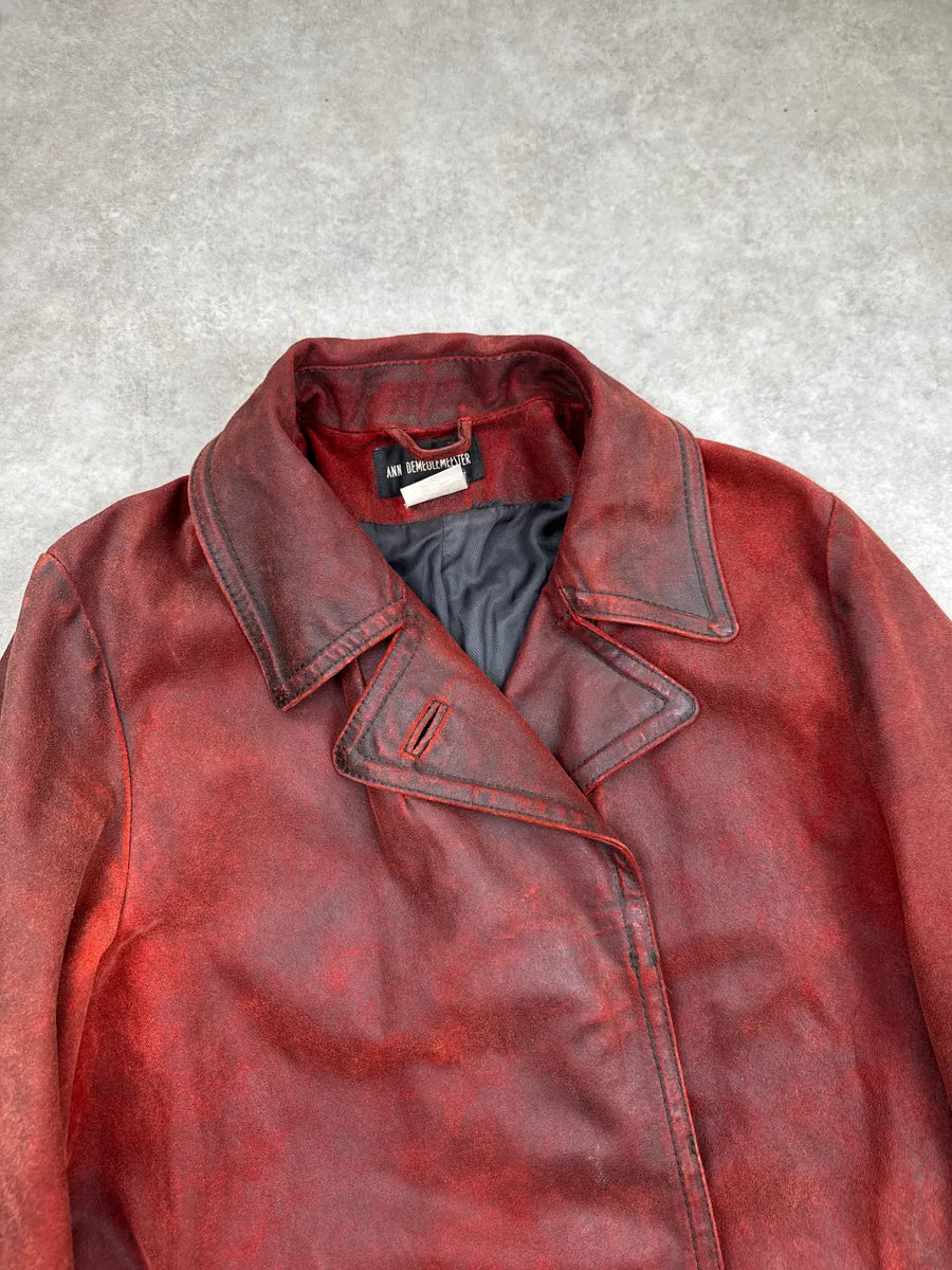 AW2001 Ann Demeulemeester Dark Red Eroded Leather Belted Coat NRYQxBTx 6