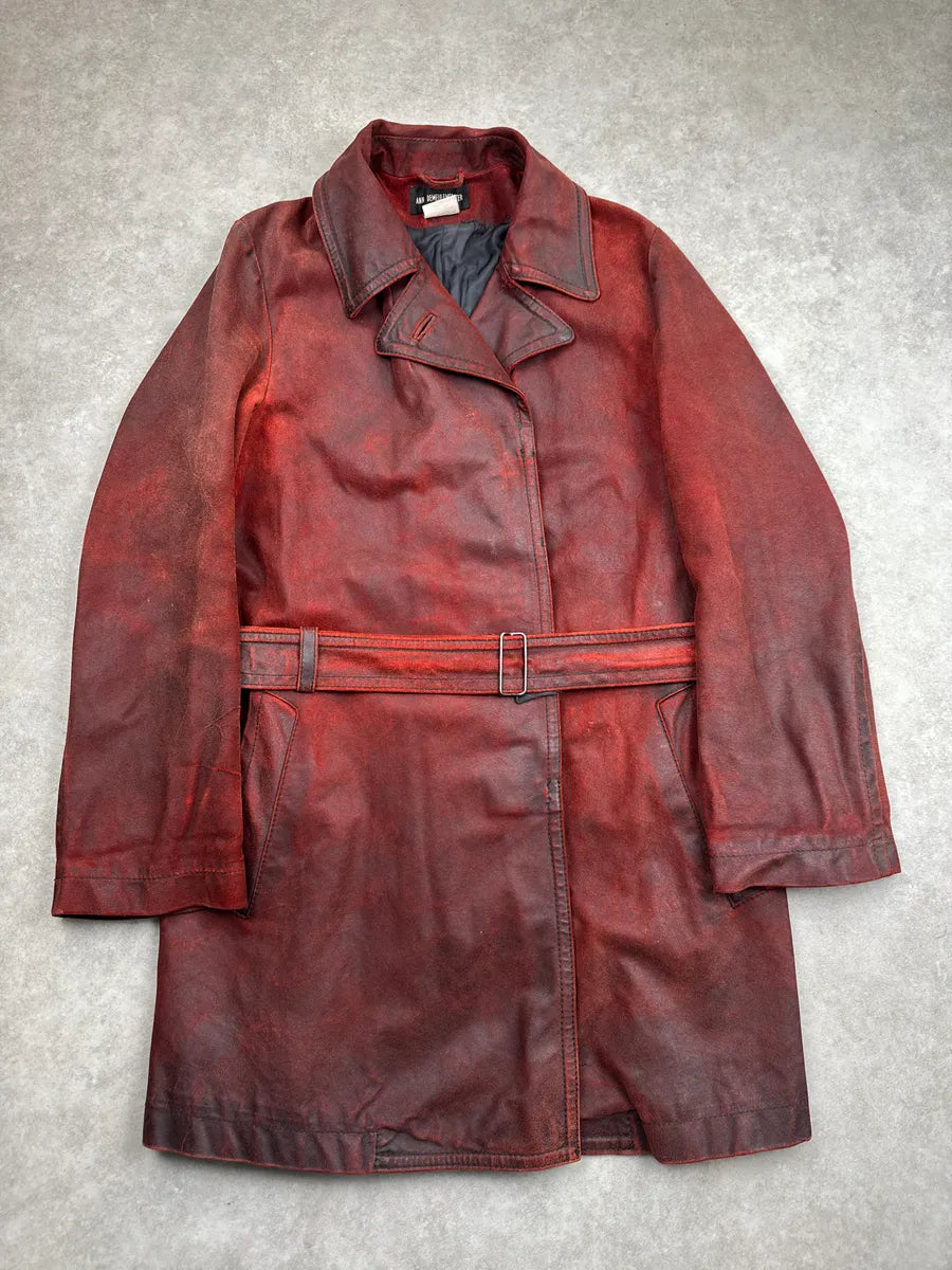 AW2001 Ann Demeulemeester Dark Red Eroded Leather Belted Coat NRYQxBTx 0