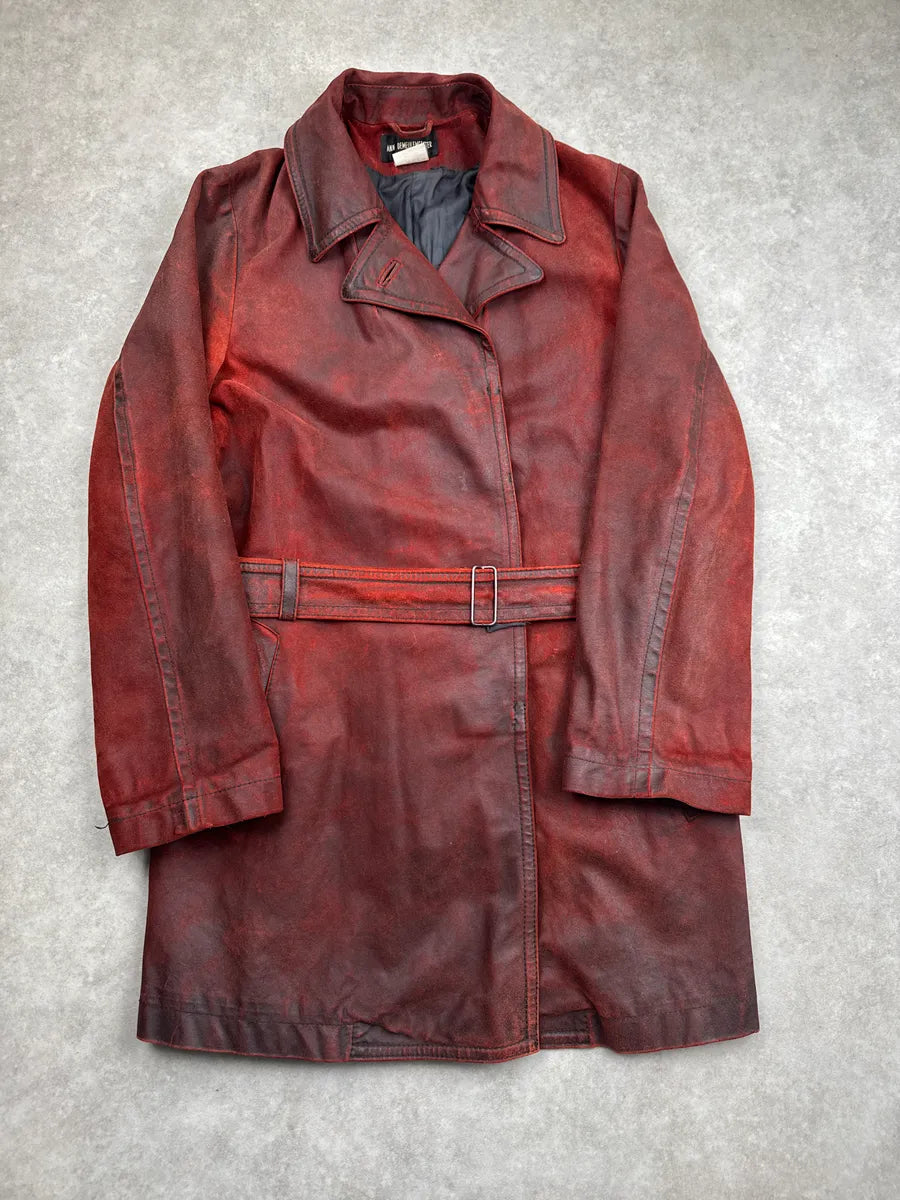 AW2001 Ann Demeulemeester Dark Red Eroded Leather Belted Coat NRYQxBTx 4