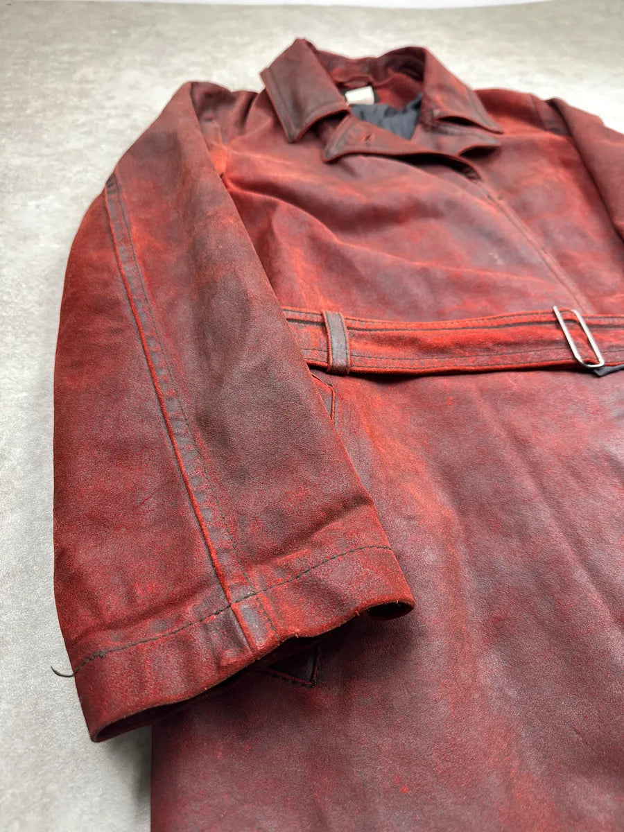 AW2001 Ann Demeulemeester Dark Red Eroded Leather Belted Coat NRYQxBTx 7