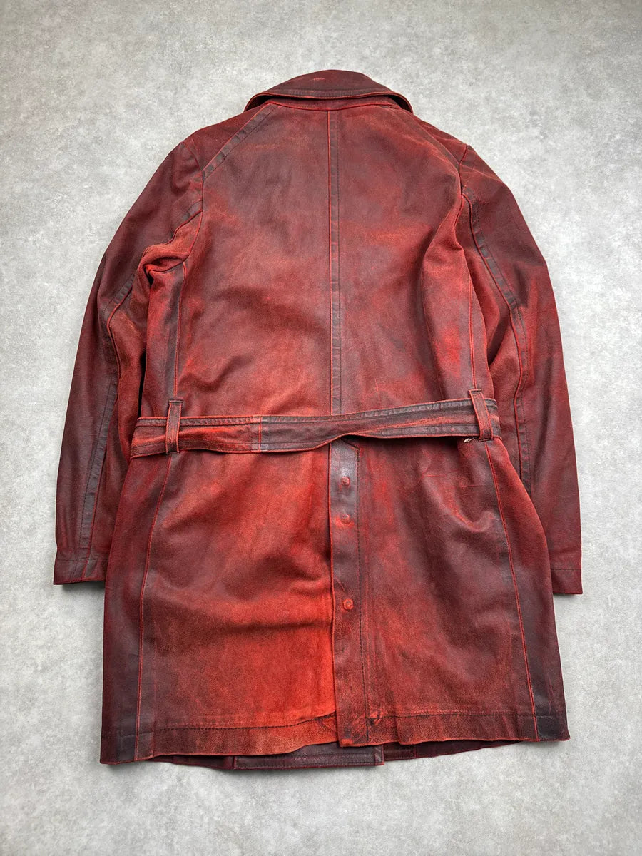 AW2001 Ann Demeulemeester Dark Red Eroded Leather Belted Coat NRYQxBTx 5