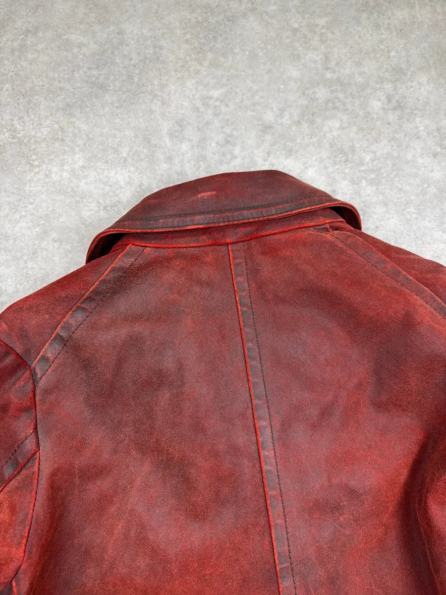 AW2001 Ann Demeulemeester Dark Red Eroded Leather Belted Coat NRYQxBTx 9