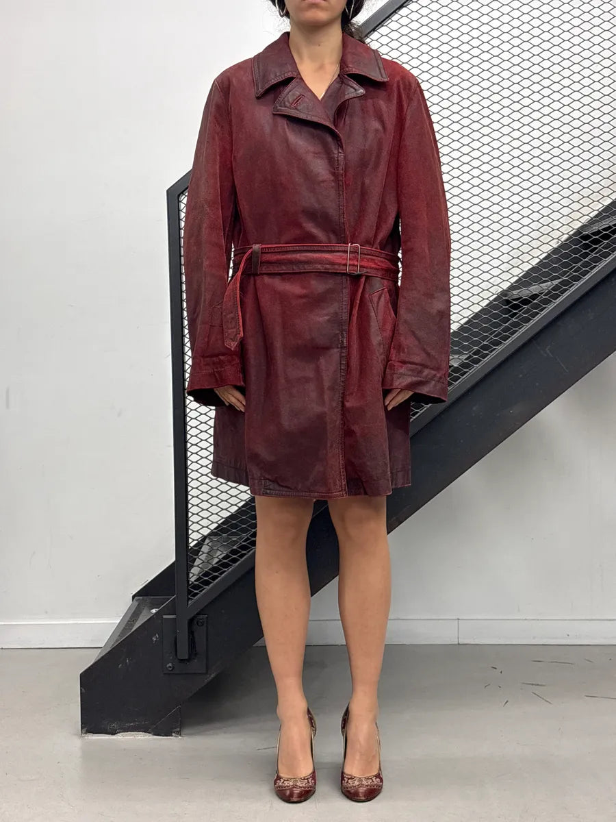AW2001 Ann Demeulemeester Dark Red Eroded Leather Belted Coat NRYQxBTx 1
