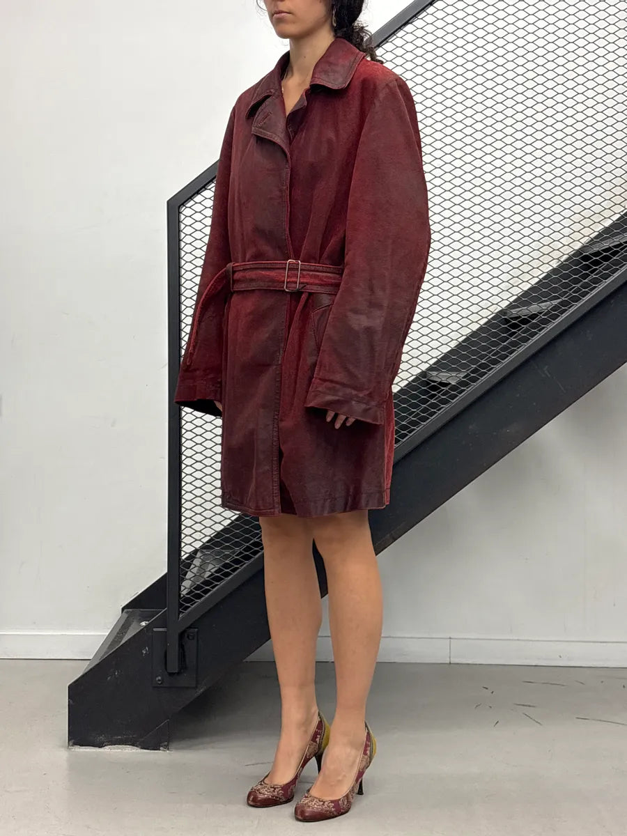 AW2001 Ann Demeulemeester Dark Red Eroded Leather Belted Coat NRYQxBTx 2