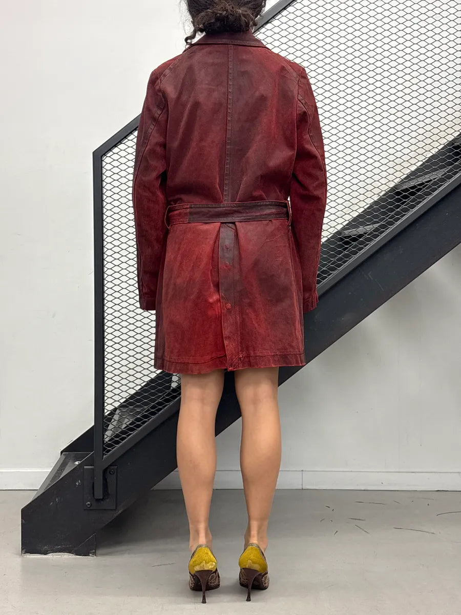AW2001 Ann Demeulemeester Dark Red Eroded Leather Belted Coat NRYQxBTx 3