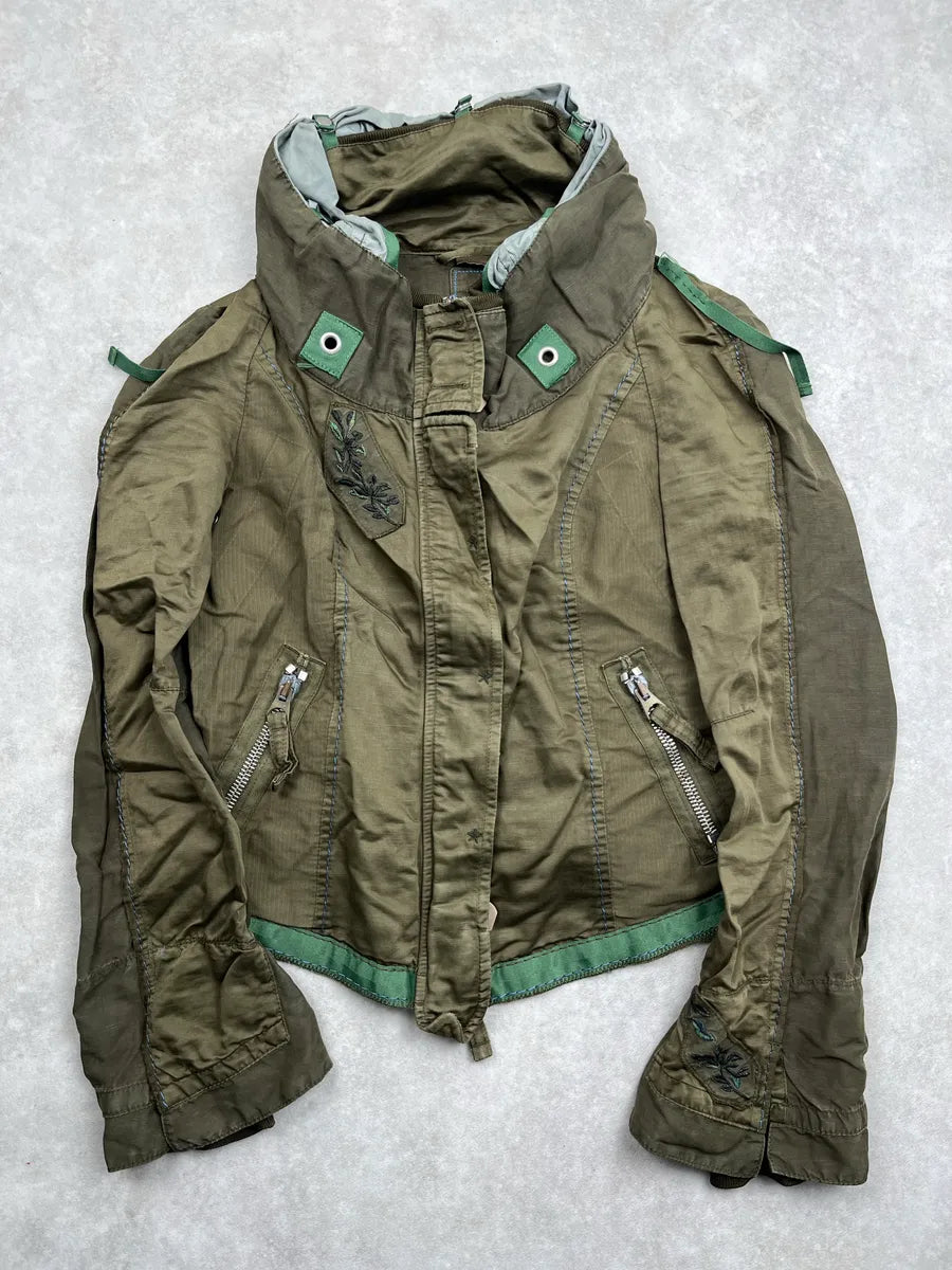 2000s Marithé & Francois Girbaud Olive Linen Leaf Embroidered Cropped Light Jacket NSXwyCeg 0