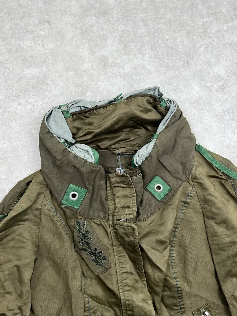 2000s Marithé & Francois Girbaud Olive Linen Leaf Embroidered Cropped Light Jacket NSXwyCeg 6
