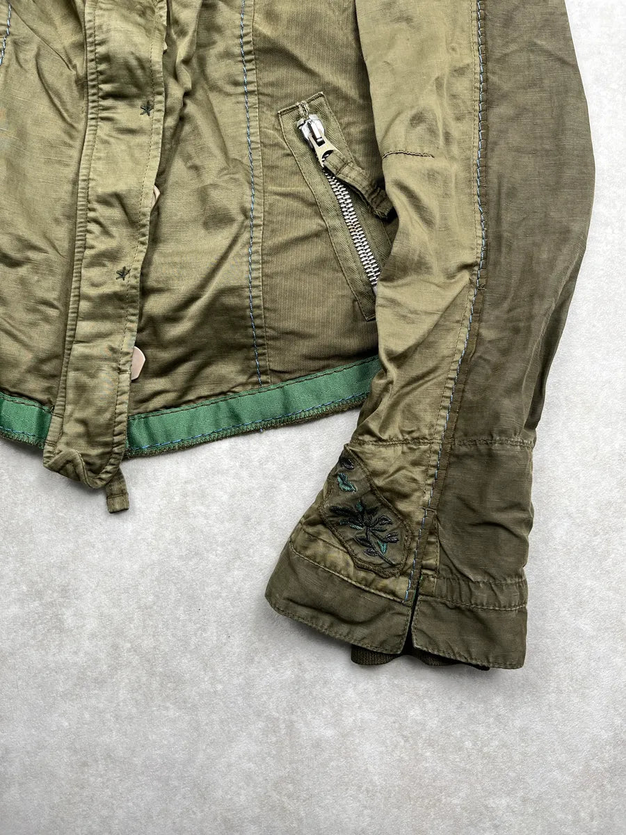 2000s Marithé & Francois Girbaud Olive Linen Leaf Embroidered Cropped Light Jacket NSXwyCeg 8