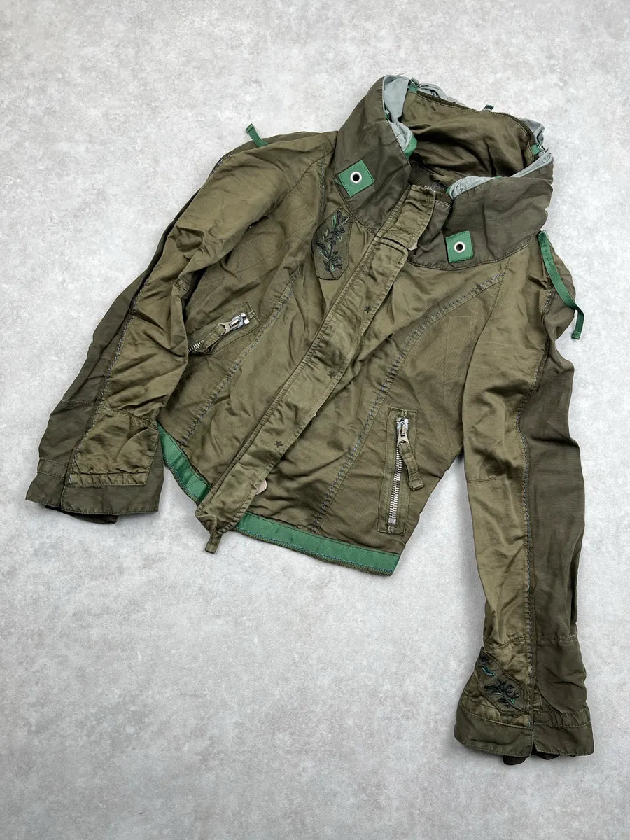 2000s Marithé & Francois Girbaud Olive Linen Leaf Embroidered Cropped Light Jacket NSXwyCeg 5