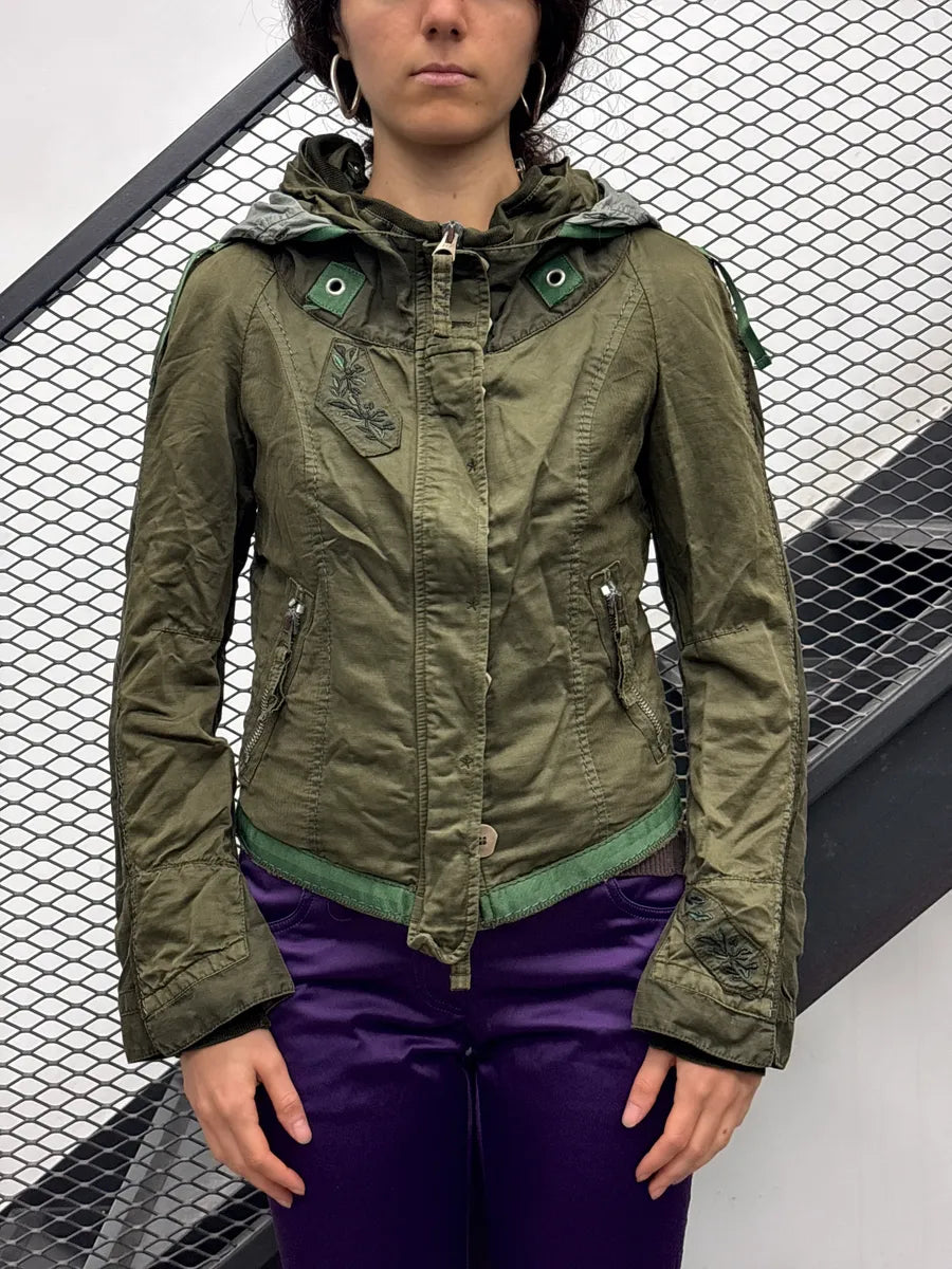 2000s Marithé & Francois Girbaud Olive Linen Leaf Embroidered Cropped Light Jacket NSXwyCeg 1