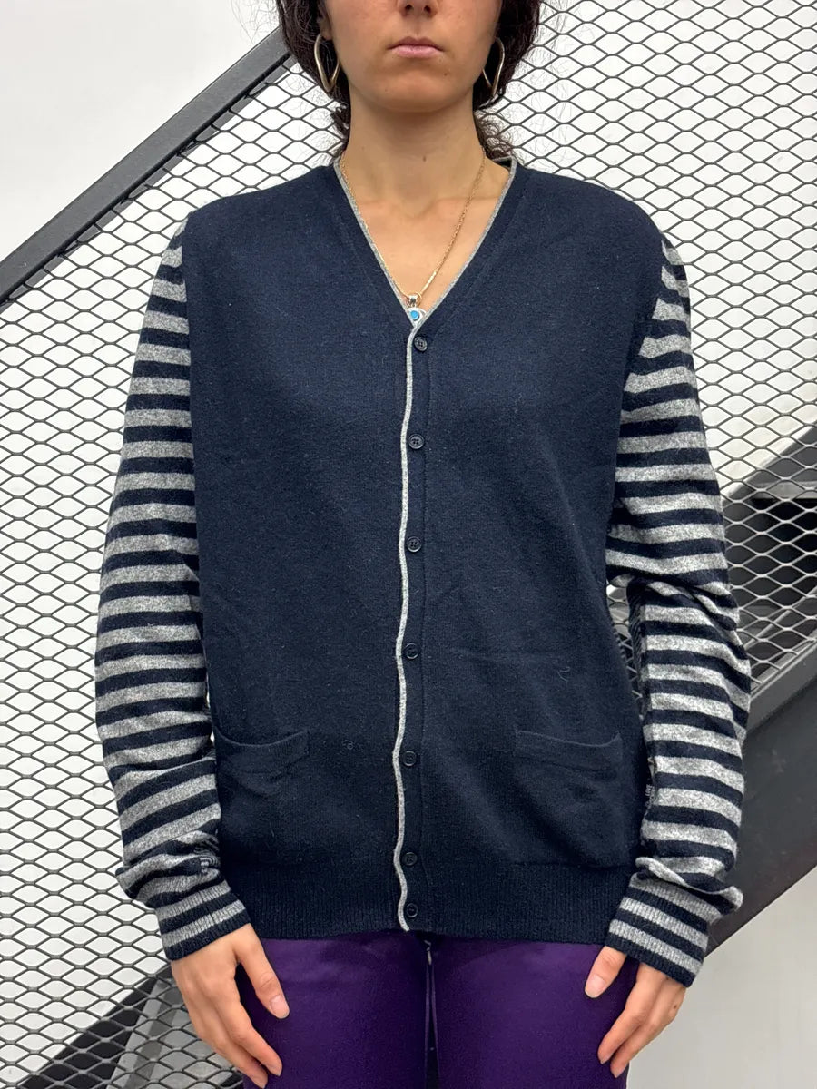 2010s Moschino Navy Wool Stripe V-Neck Sweater NZmHeQvd 1