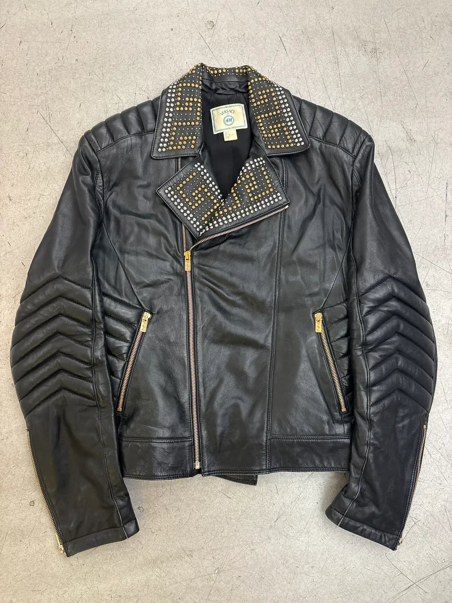 AW2011 Versace x H&M Black Leather Studded Leather Biker Jacket NiuvdHGG 0