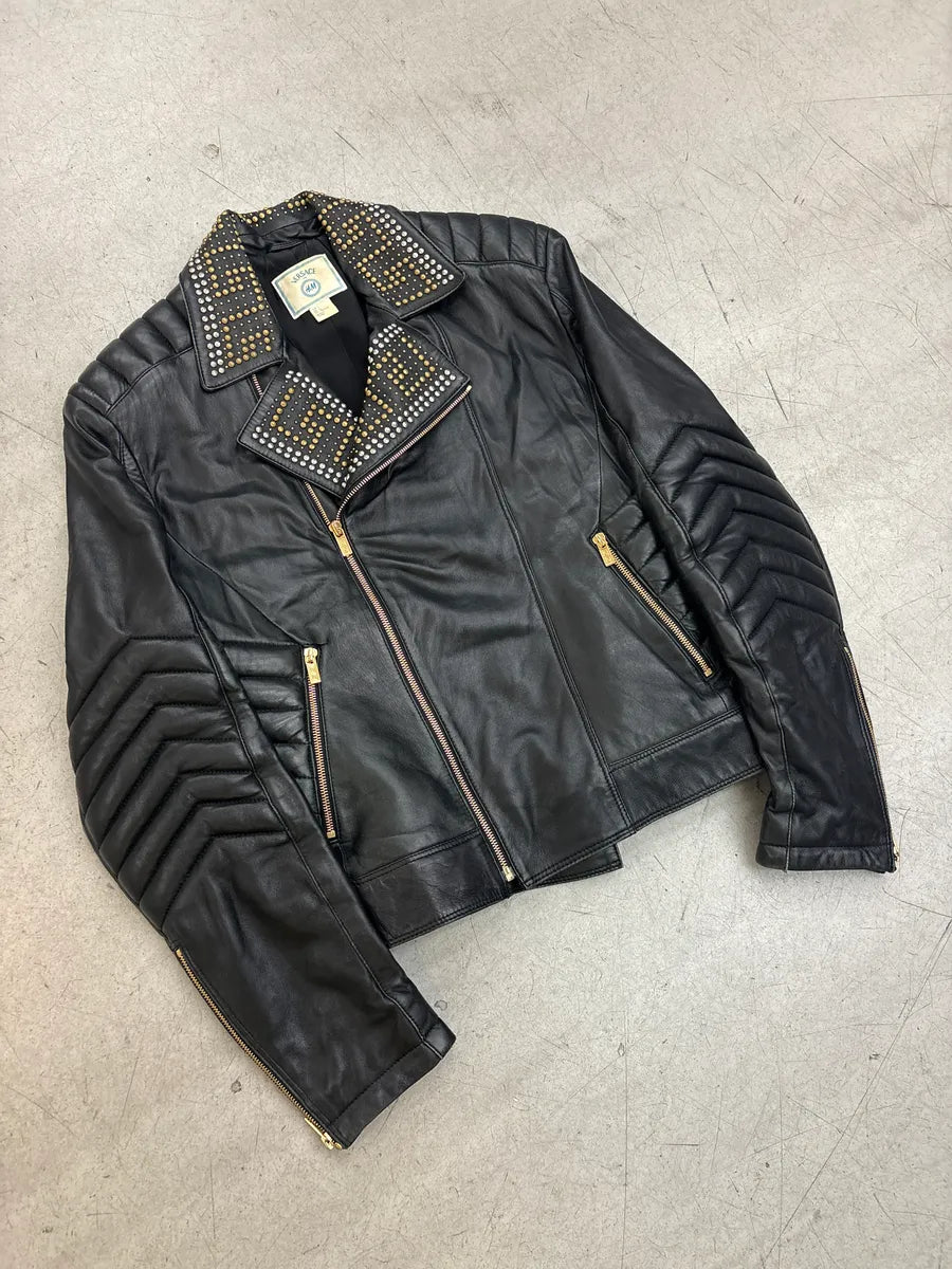 AW2011 Versace x H&M Black Leather Studded Leather Biker Jacket NiuvdHGG 2