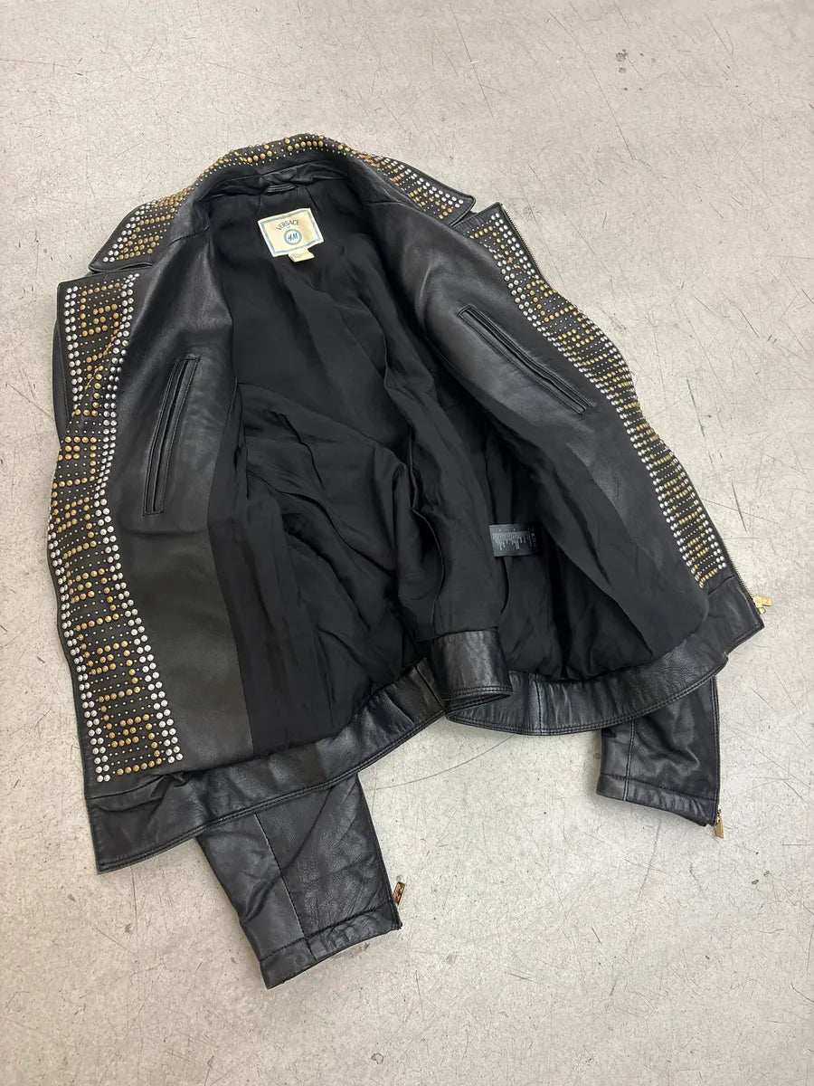 AW2011 Versace x H&M Black Leather Studded Leather Biker Jacket NiuvdHGG 5