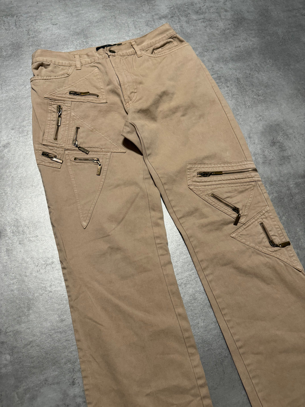 AW2004 Cavalli Geometrical Triangle Zipped Pockets Beige Pants (S/M) - 6