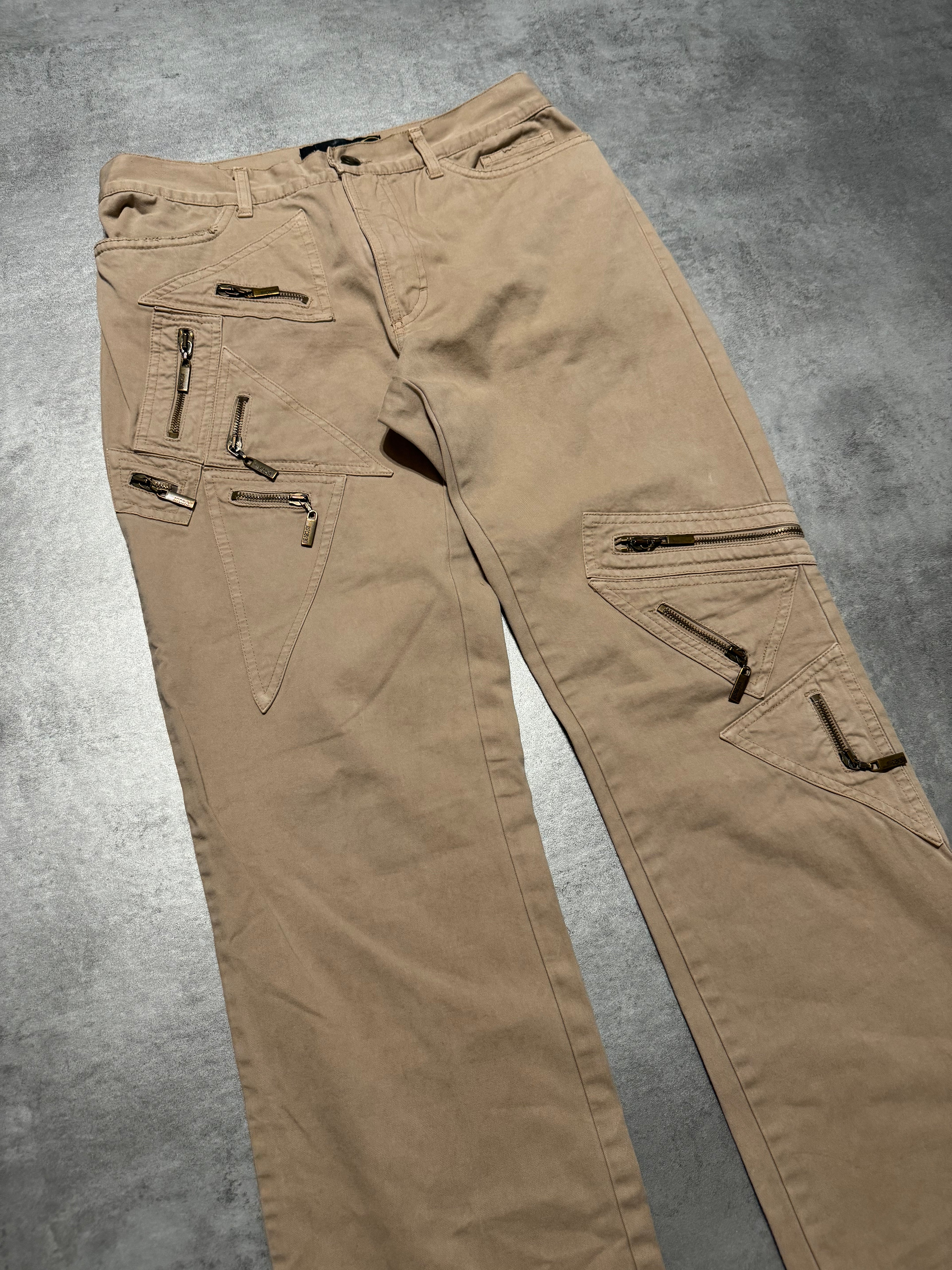 AW2004 Cavalli Geometrical Triangle Zipped Pockets Beige Pants (S/M) - 6