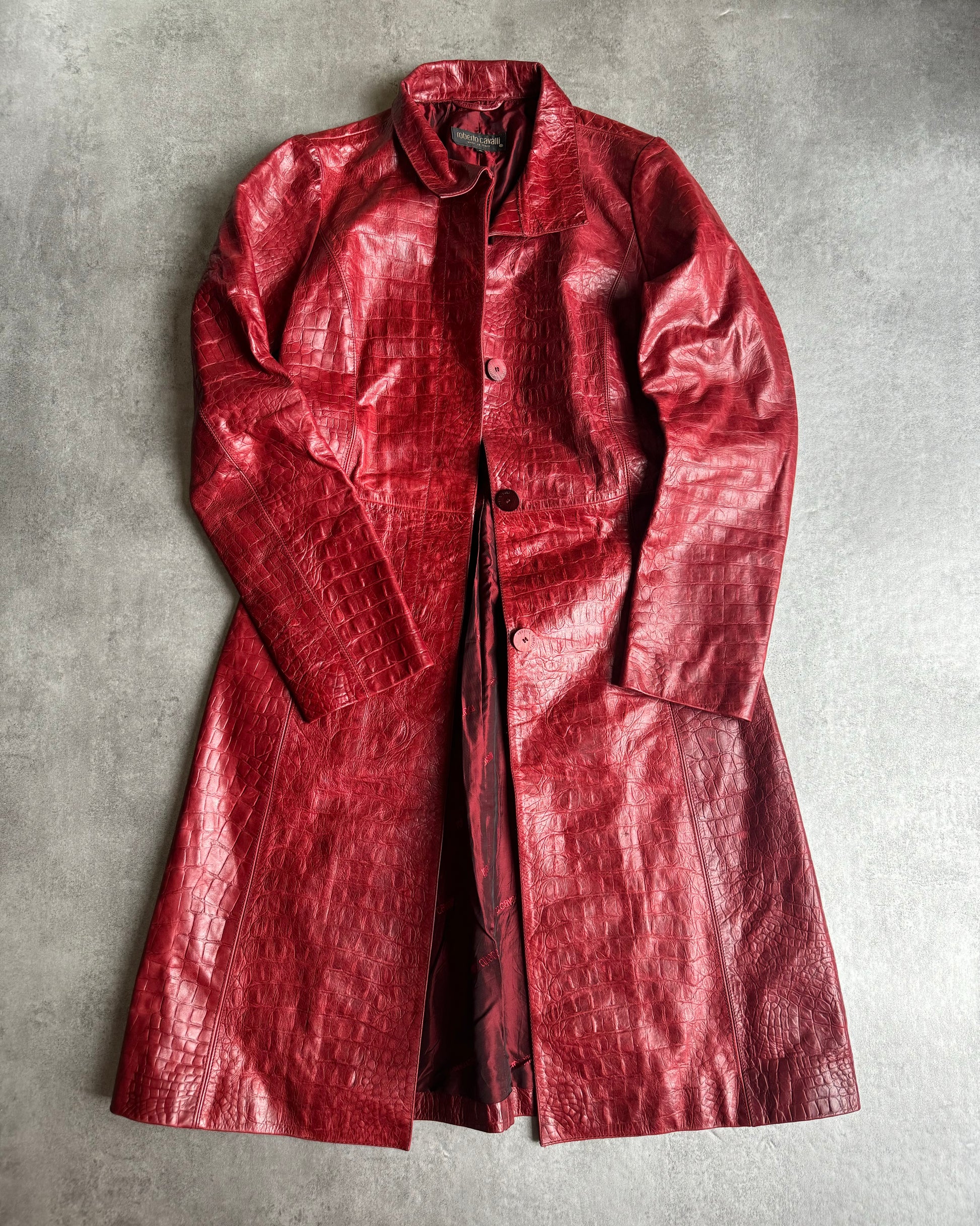 AW2000 Roberto Cavalli Red Crocodile Long Leather Jacket (S) - 14