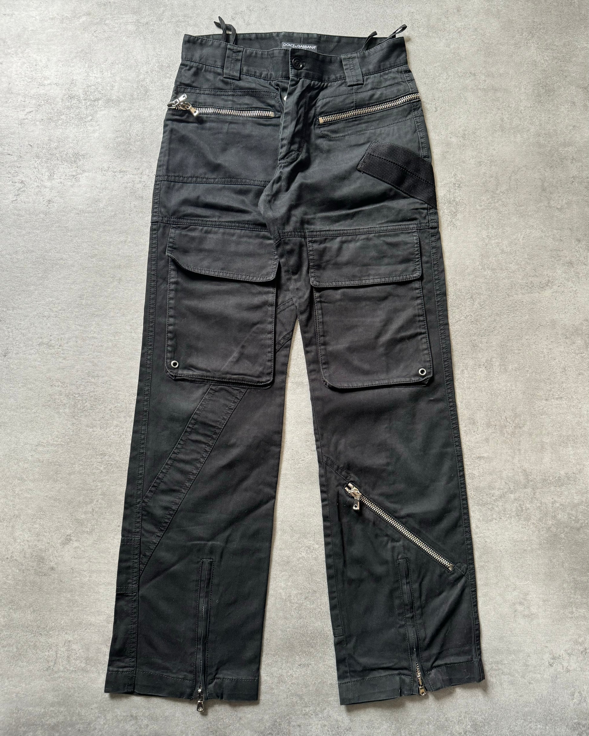 AW2002 Dolce & Gabbana Black Asymmetrical Multi Zips Cargo Pants (S) - 7