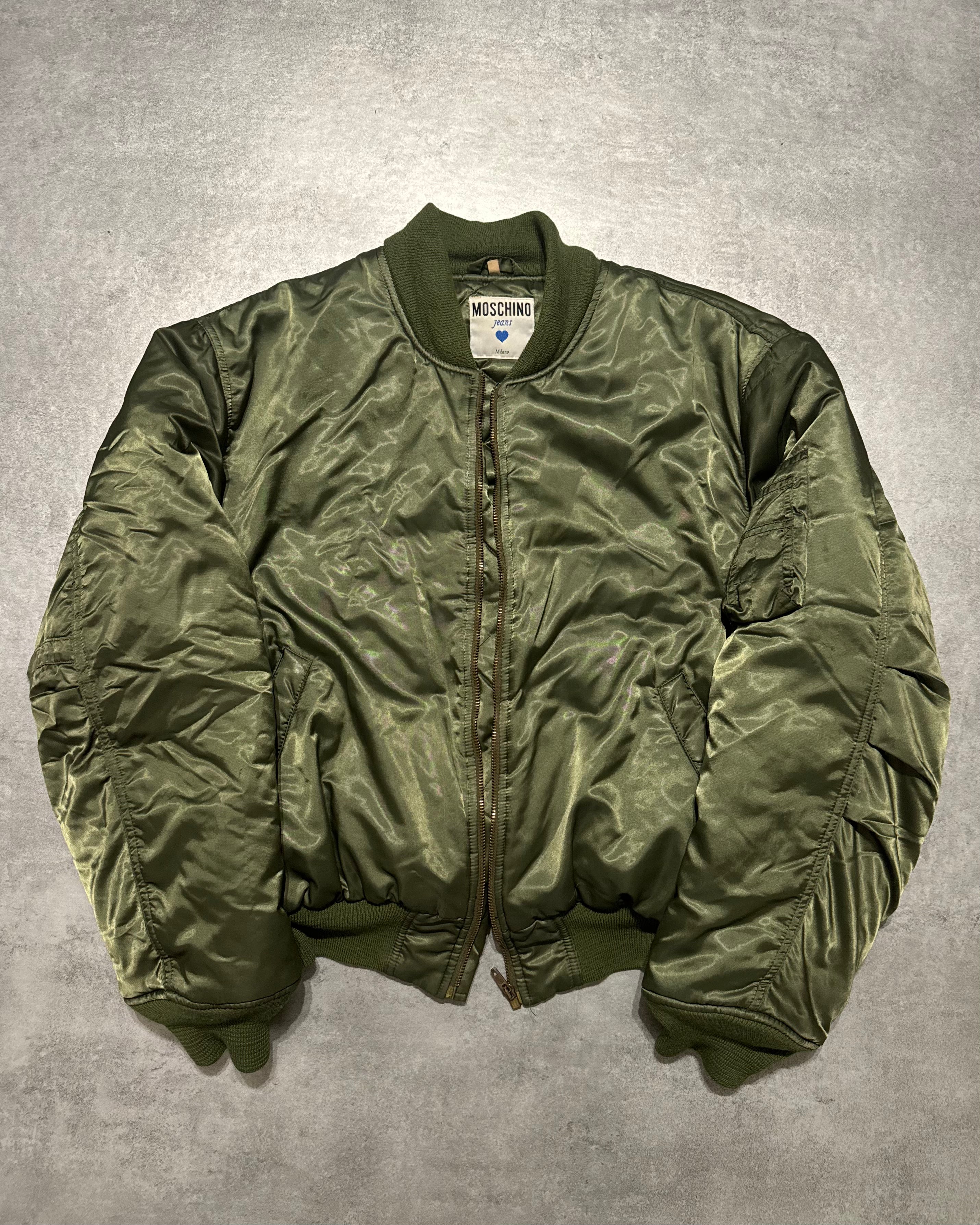 1990s Moschino Olive Nylon Italian Aero Bomber Jacket (M/L) - 4
