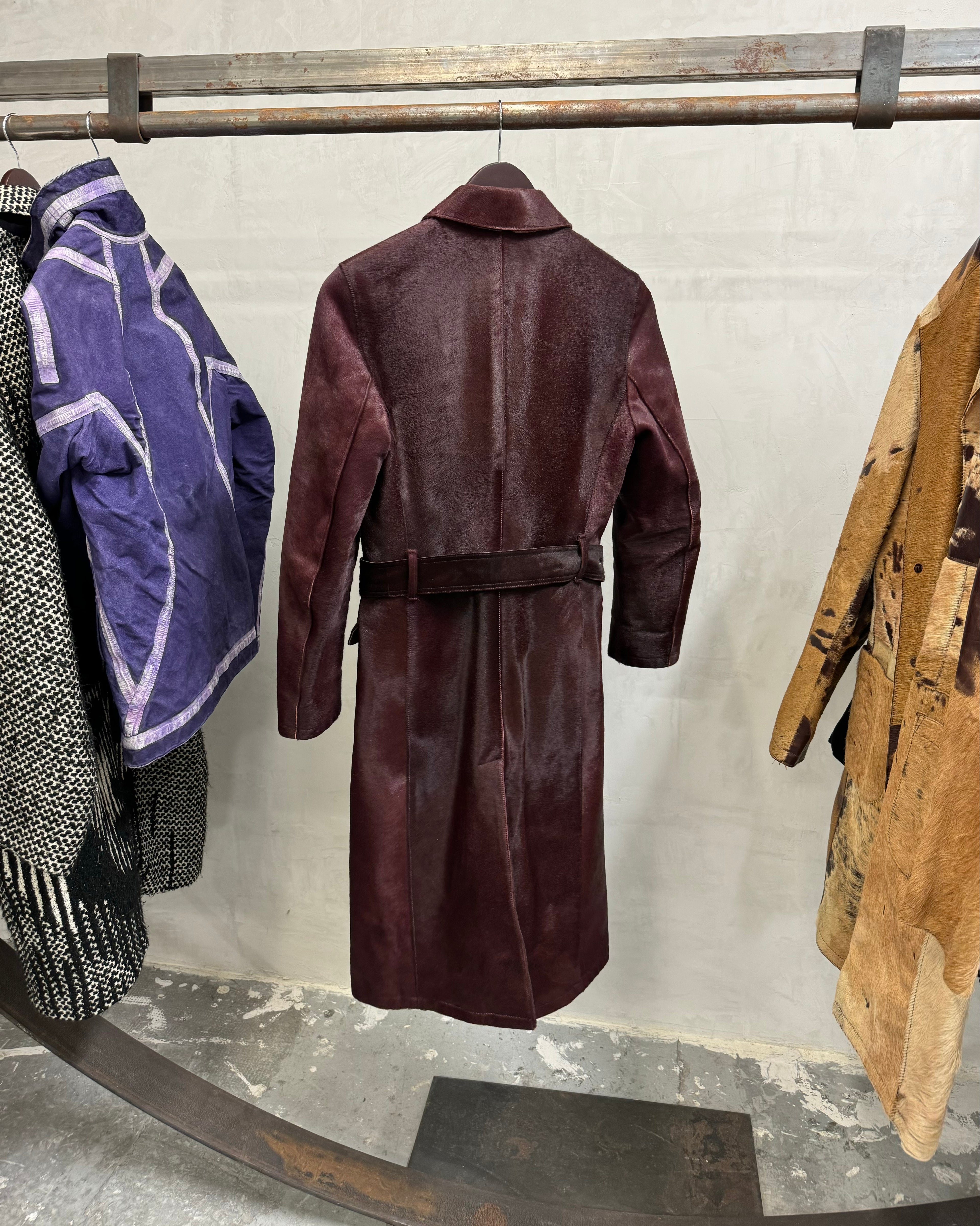 FW2002 Prada Bordeaux Pony Hair Bordeaux Leather Trench Coat