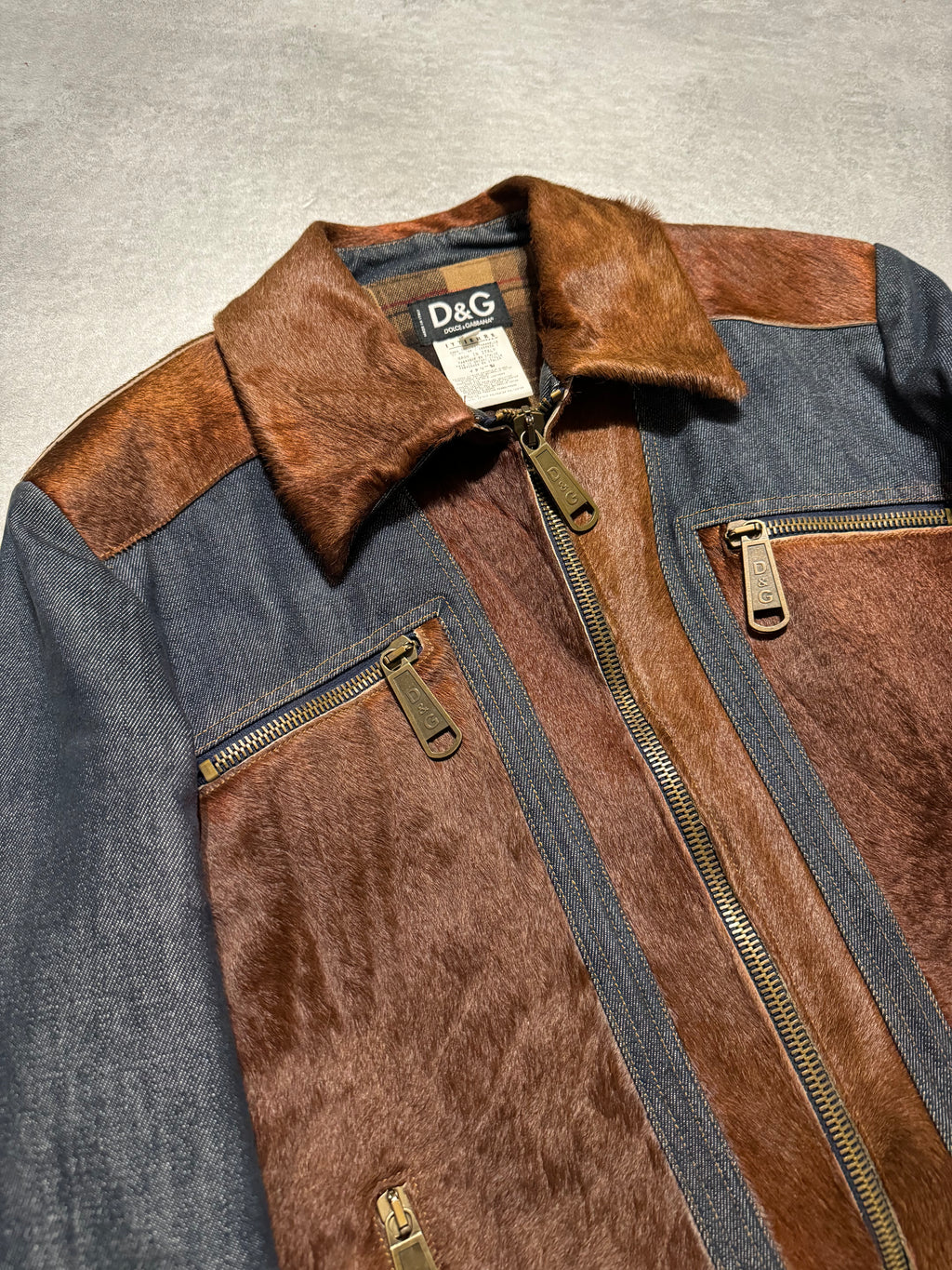 FW2005 Dolce & Gabbana Pony Hair Brown Denim Structured Biker Jacket (L) - 2