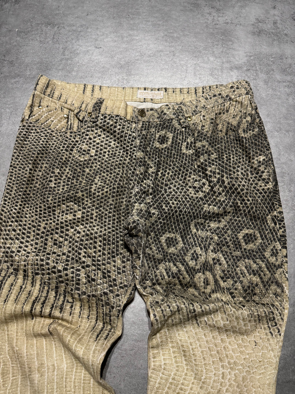 2000s Roberto Cavalli Snakeskin Effect Beige Pattern Pants (L) - 6