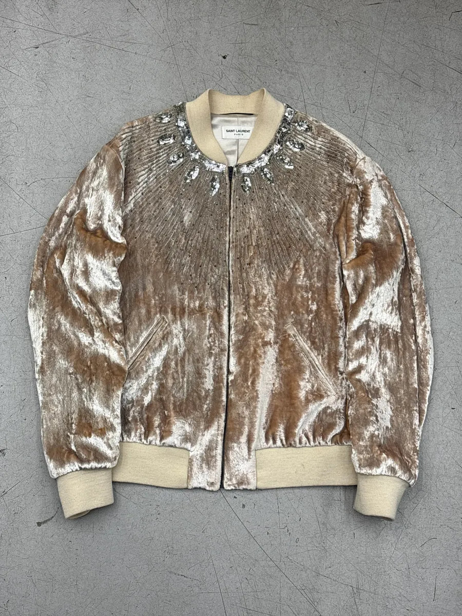 FW2016 Saint Laurent Beige Velvet Crystal Sunray Embellished Bomber Jacket by Hedi Slimane OOGUXYEq 0