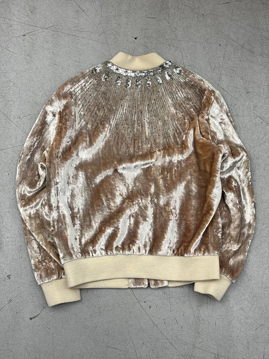FW2016 Saint Laurent Beige Velvet Crystal Sunray Embellished Bomber Jacket by Hedi Slimane OOGUXYEq 6