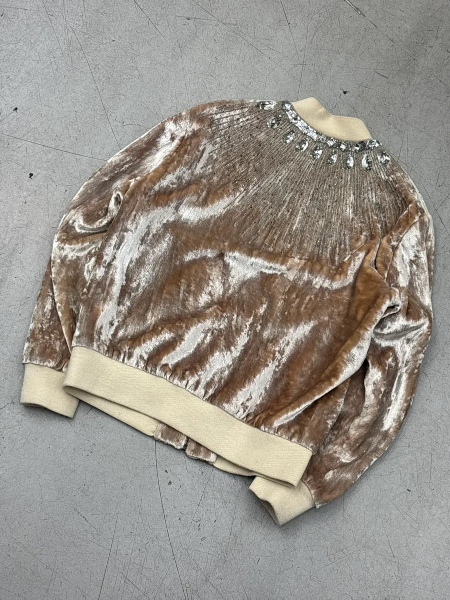 FW2016 Saint Laurent Beige Velvet Crystal Sunray Embellished Bomber Jacket by Hedi Slimane OOGUXYEq 7