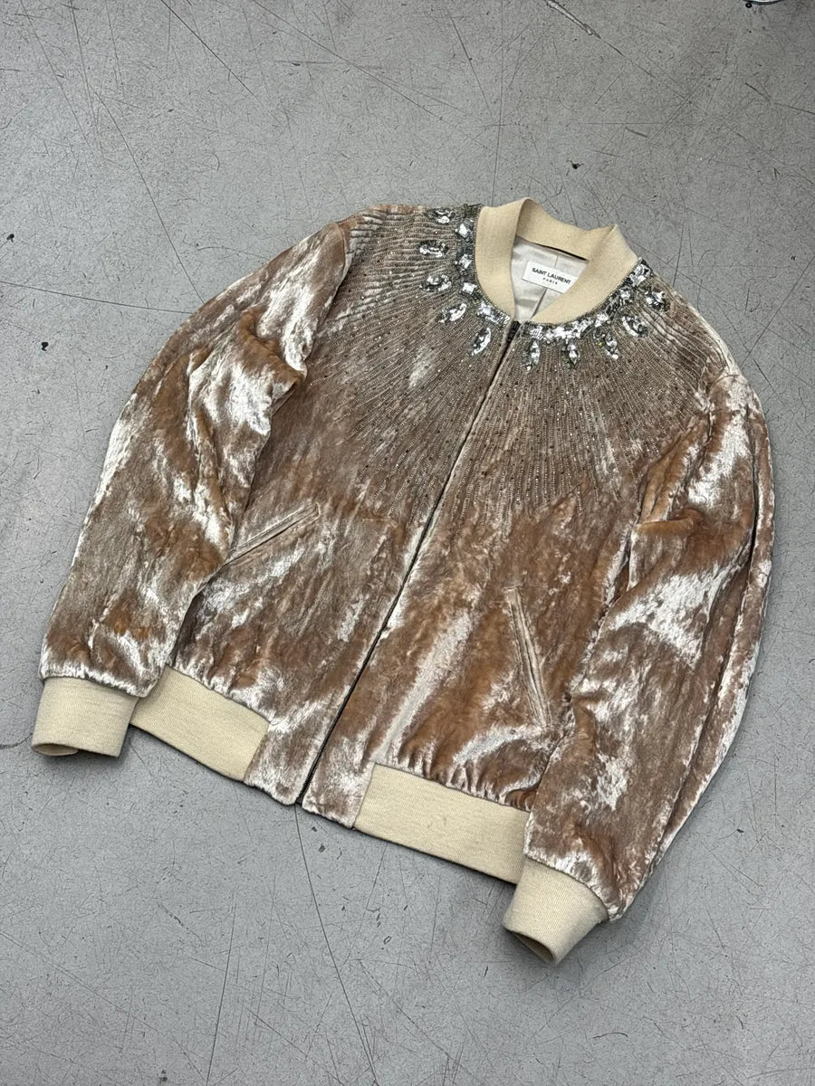 FW2016 Saint Laurent Beige Velvet Crystal Sunray Embellished Bomber Jacket by Hedi Slimane OOGUXYEq 4