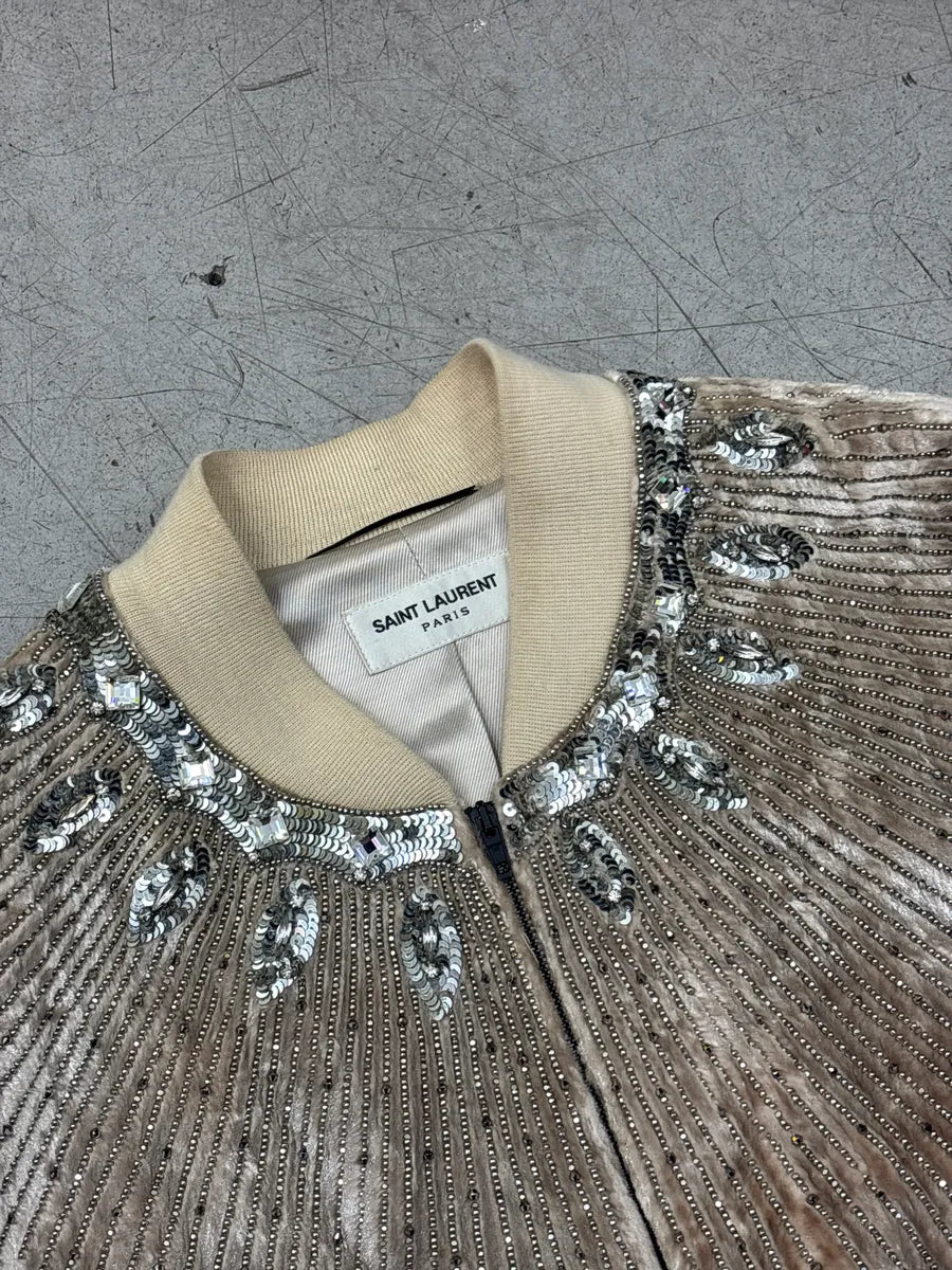 FW2016 Saint Laurent Beige Velvet Crystal Sunray Embellished Bomber Jacket by Hedi Slimane OOGUXYEq 13