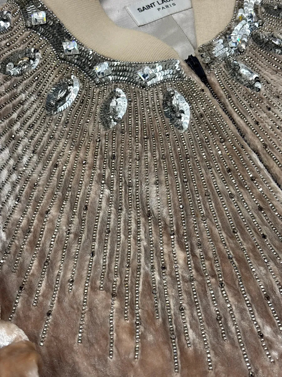 FW2016 Saint Laurent Beige Velvet Crystal Sunray Embellished Bomber Jacket by Hedi Slimane OOGUXYEq 9