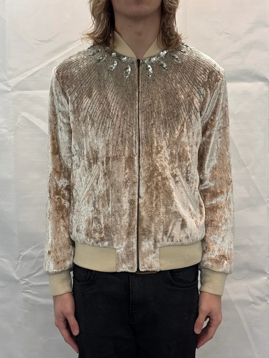 FW2016 Saint Laurent Beige Velvet Crystal Sunray Embellished Bomber Jacket by Hedi Slimane OOGUXYEq 2