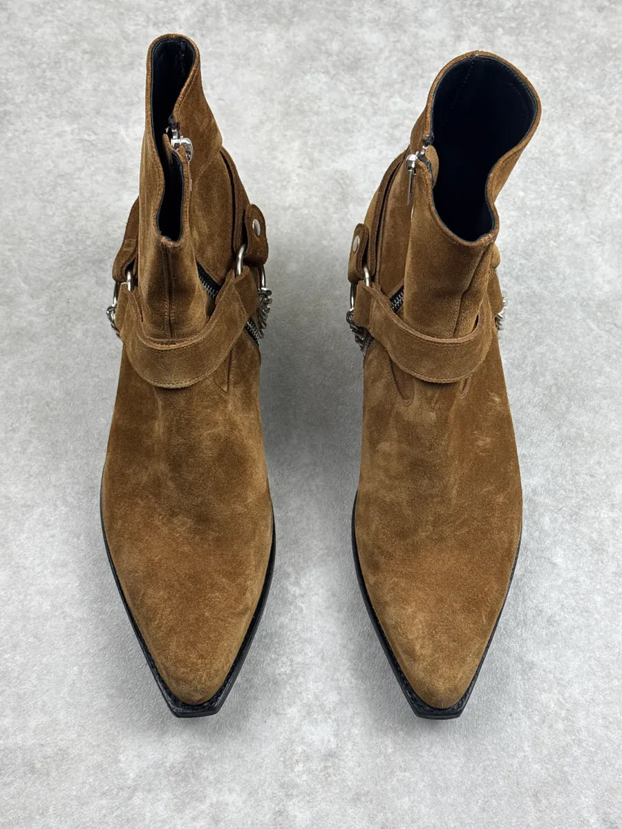 SS2019 Celine Camel Suede Harness Chain Detail Boots ORuQTxow 3