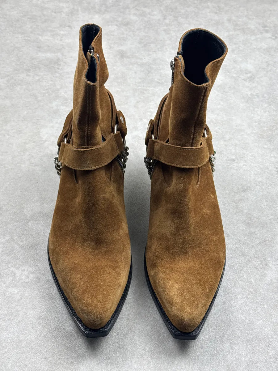 SS2019 Celine Camel Suede Harness Chain Detail Boots ORuQTxow 1