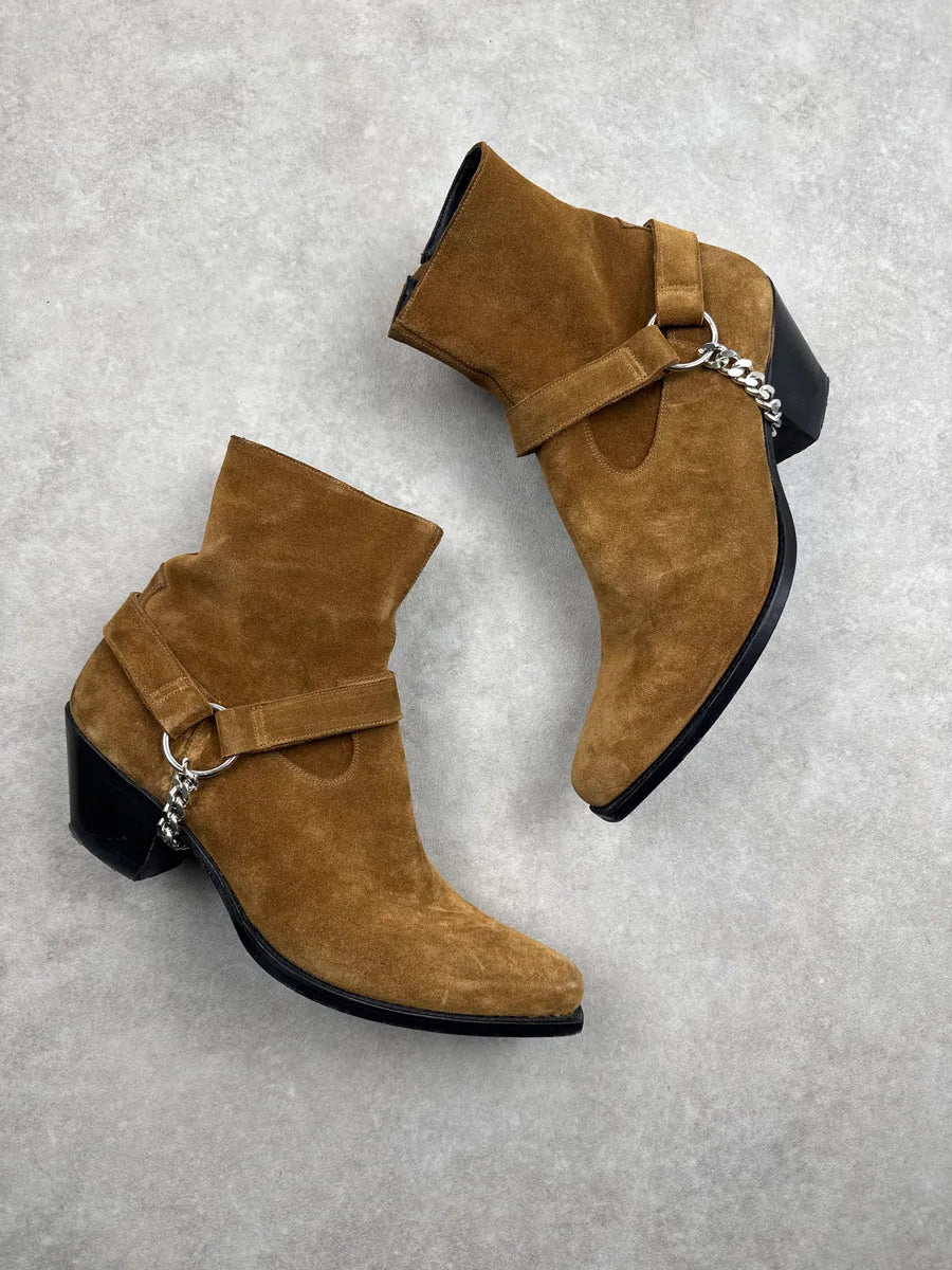 SS2019 Celine Camel Suede Harness Chain Detail Boots ORuQTxow 4