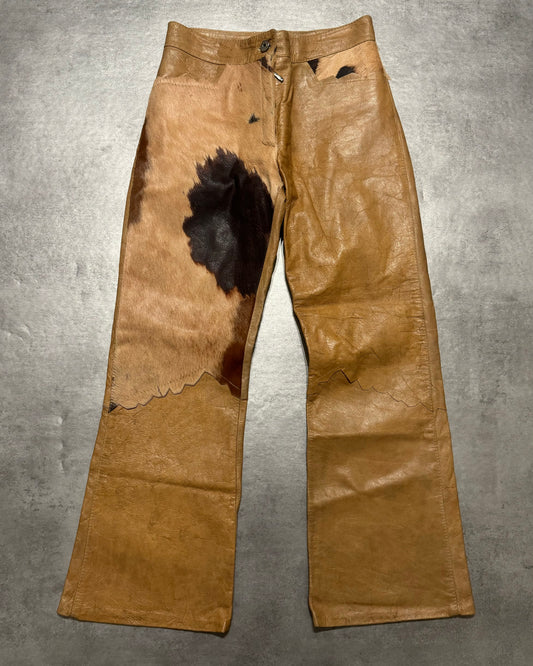 Artisanal Cow Leather Relief Pony Hair Italian Beige Pants (XS/S) - 1