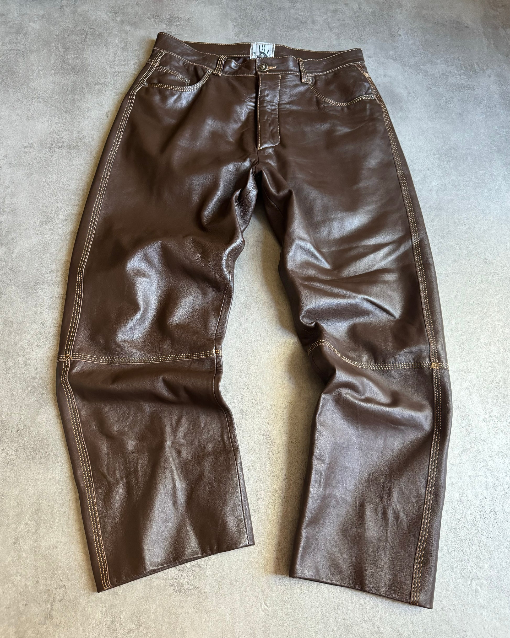 2000s Jean Paul Gaultier Cozy Brown Leather Pants (M) - 6