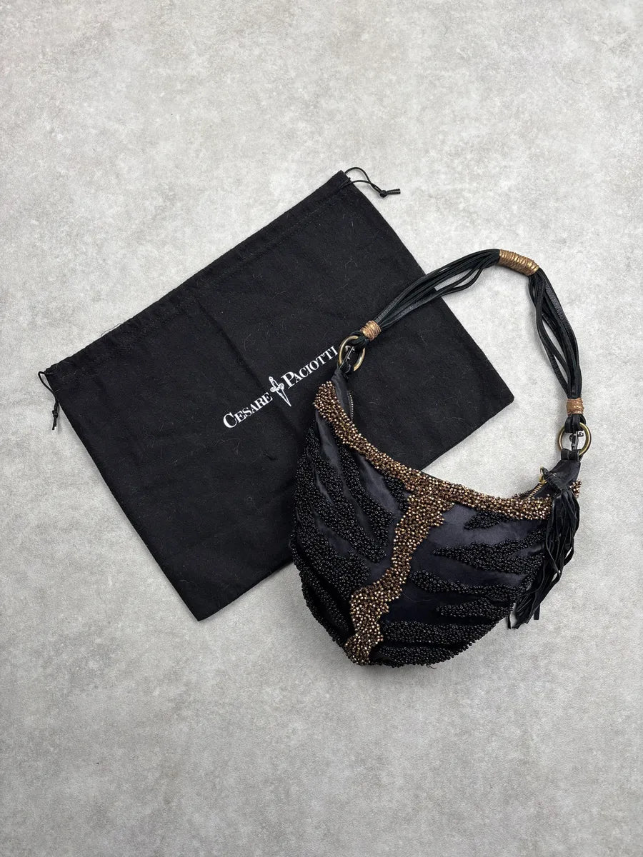 2000s Cesare Paciotti Black Beaded Fringe Tassel Shoulder Bag OauaYvNw 3
