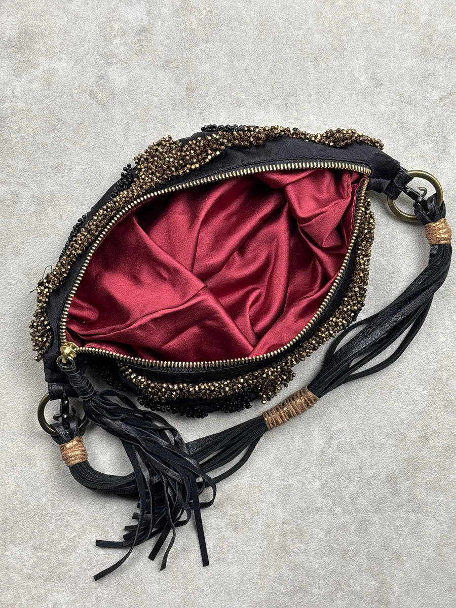 2000s Cesare Paciotti Black Beaded Fringe Tassel Shoulder Bag OauaYvNw 6