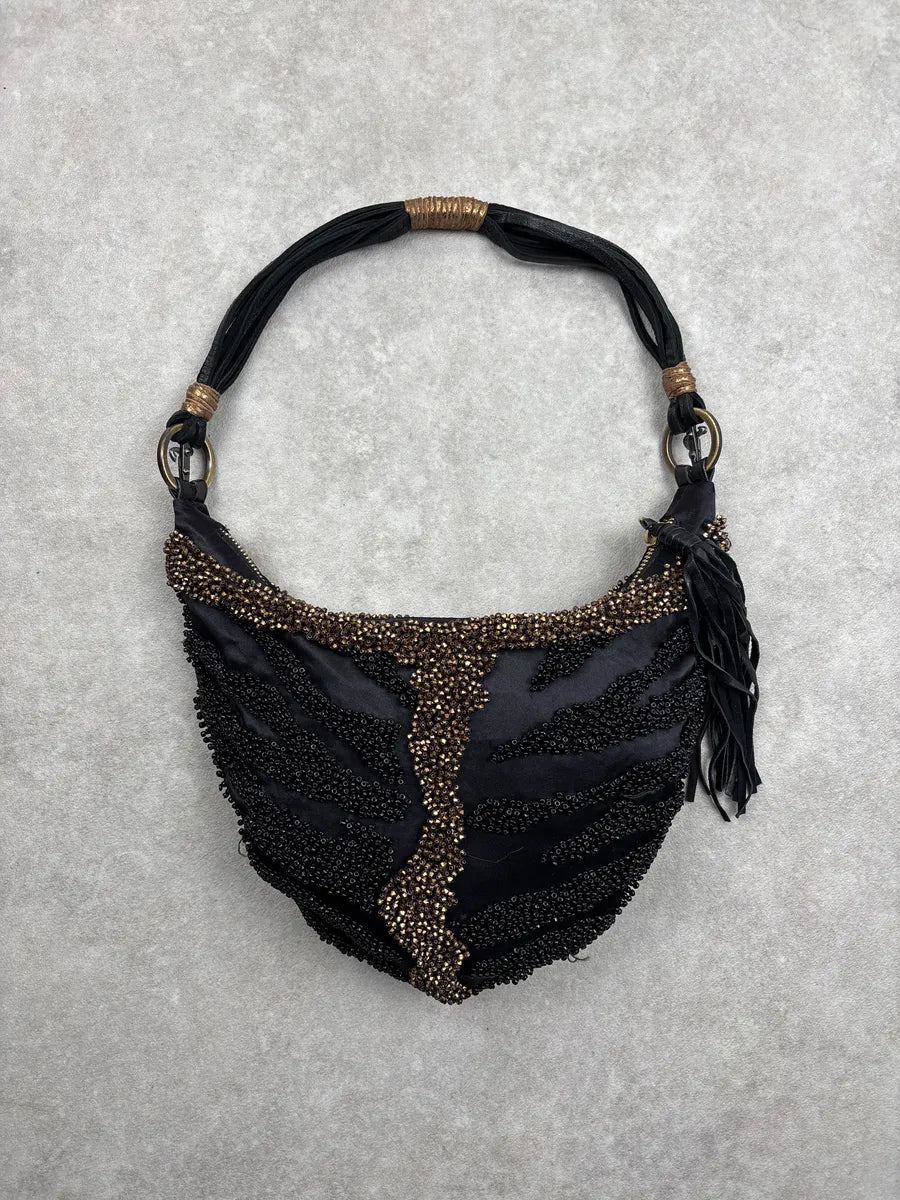 2000s Cesare Paciotti Black Beaded Fringe Tassel Shoulder Bag OauaYvNw 0